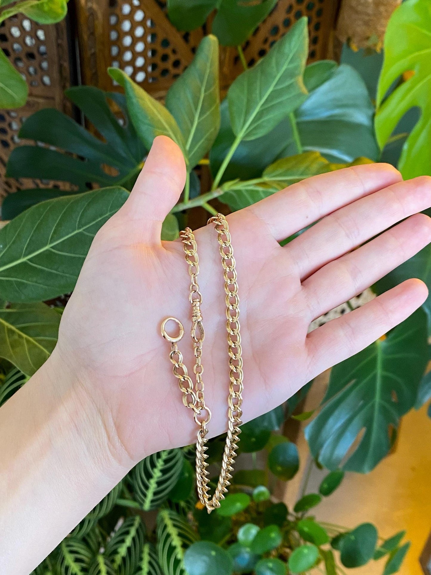 Vintage Solid 14k Yellow Gold Fancy Flat Curb Pocket Watch Chain - 13.5 inches
