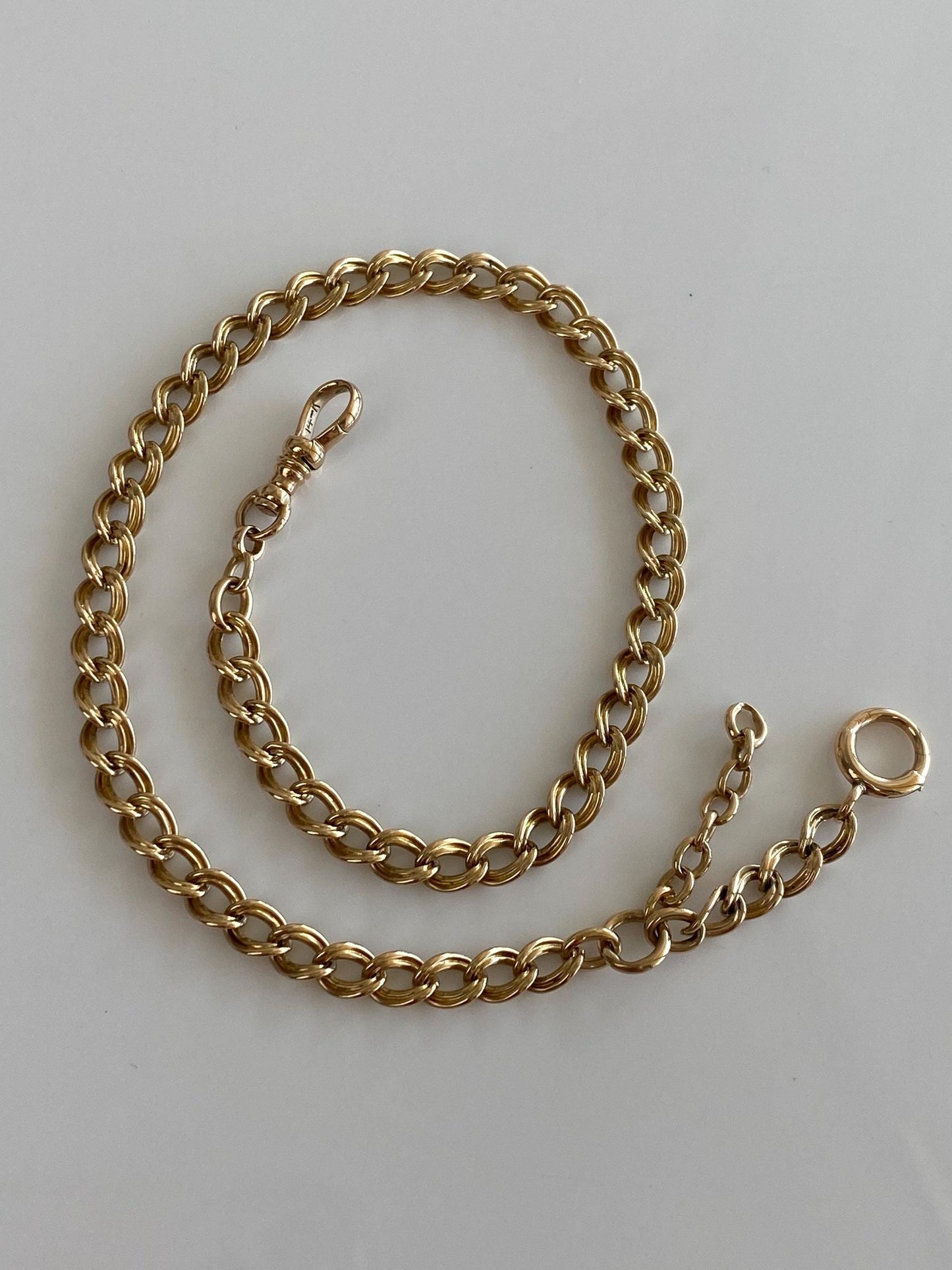 Vintage Solid 14k Yellow Gold Fancy Flat Curb Pocket Watch Chain - 13.5 inches
