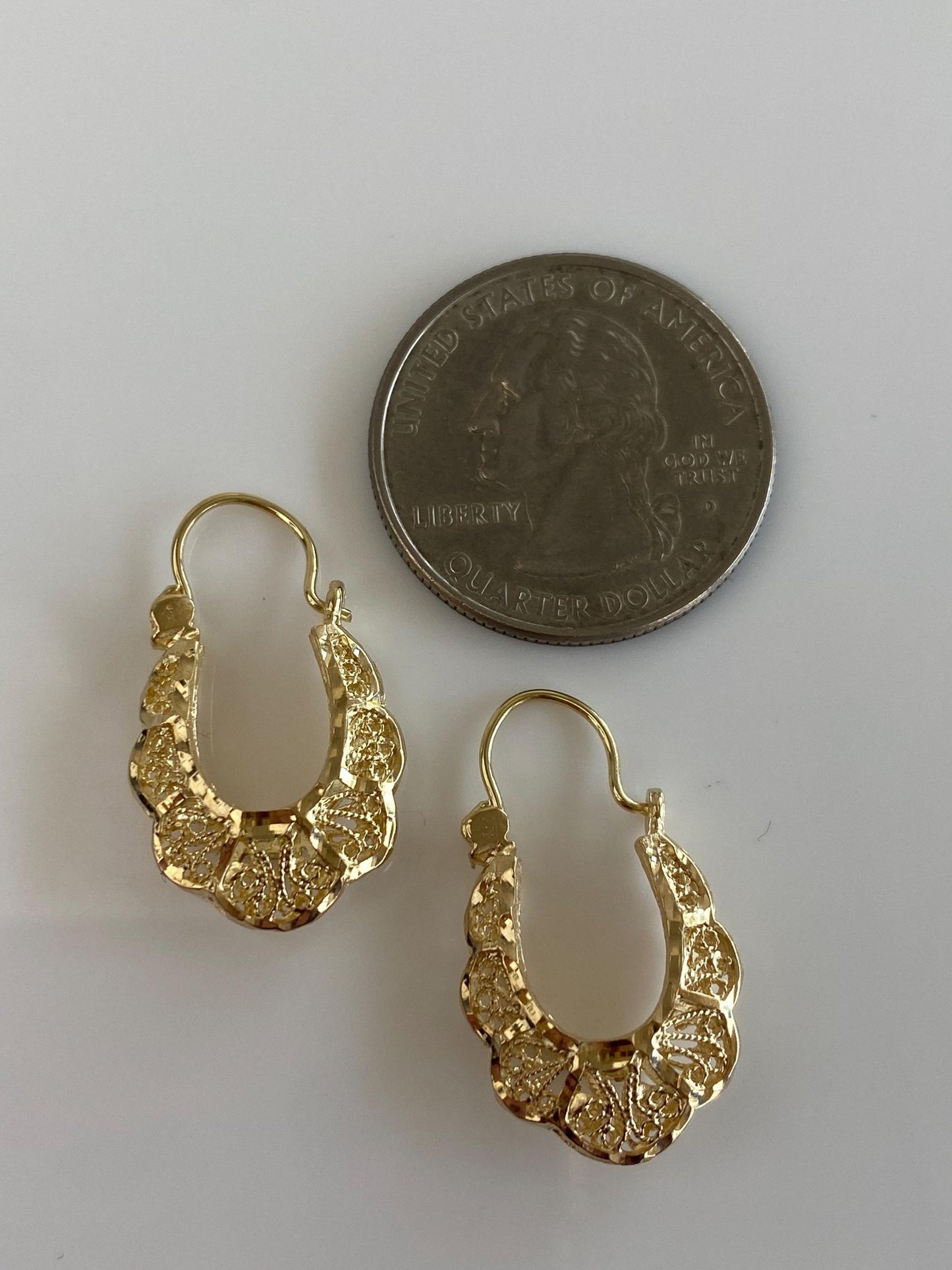 Vintage Solid 14k Yellow Gold Filigree Open Work Hoop Earrings