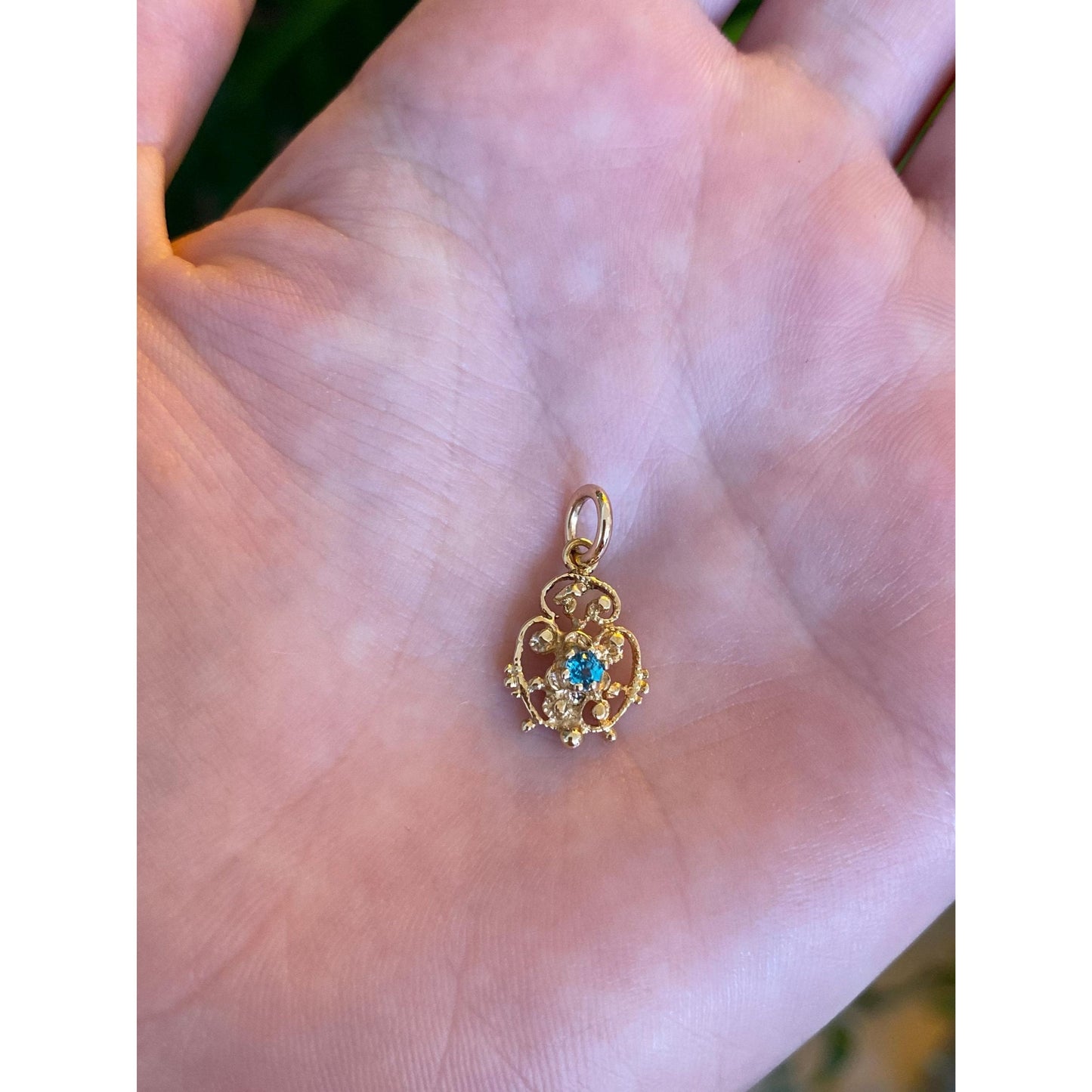 Vintage Solid 14k Yellow Gold Light Blue Green Cubic Zirconia Charm