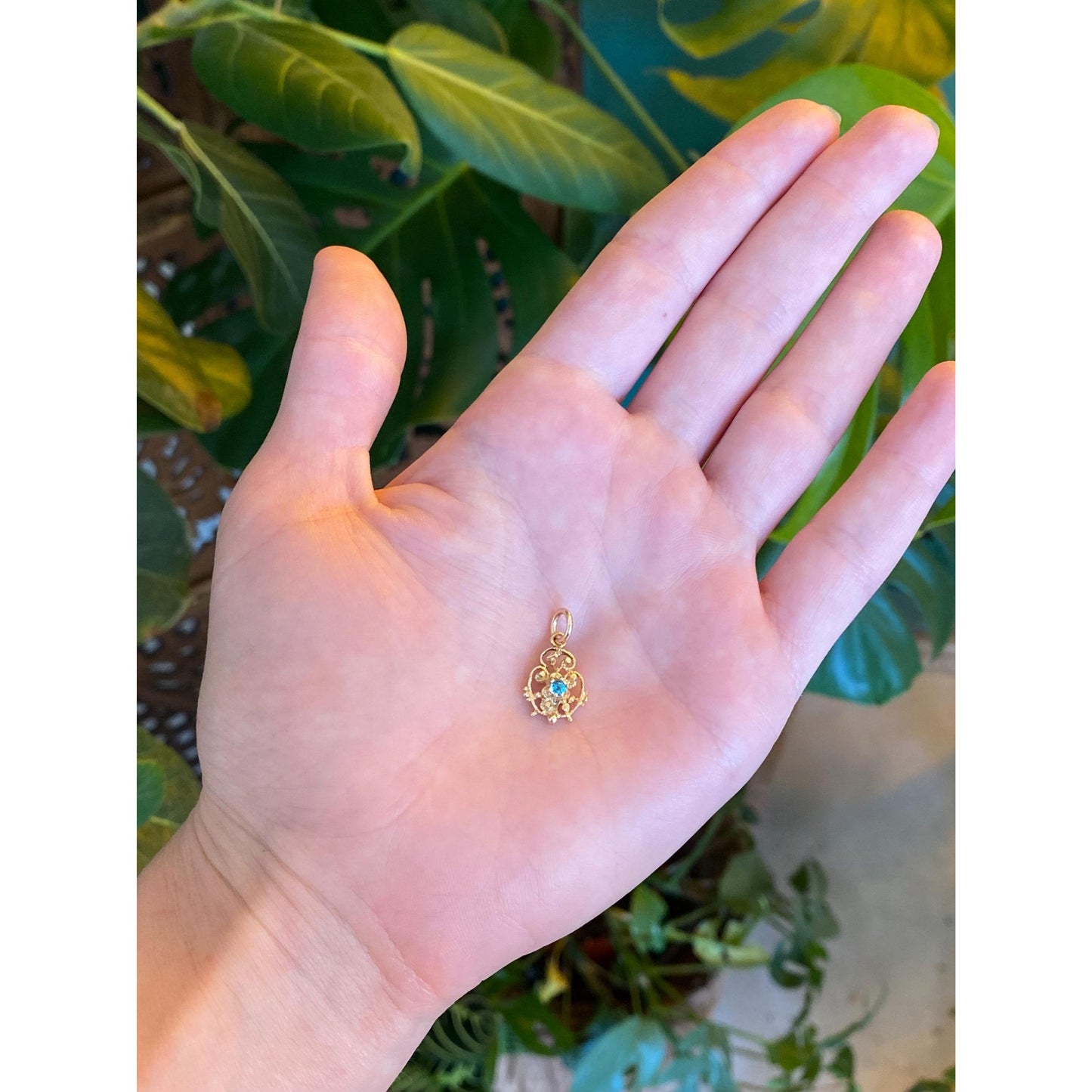 Vintage Solid 14k Yellow Gold Light Blue Green Cubic Zirconia Charm