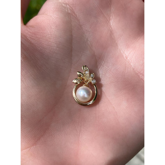 Vintage Solid 14k Yellow Gold Clear Sapphire Pearl Dangle Slide Charm