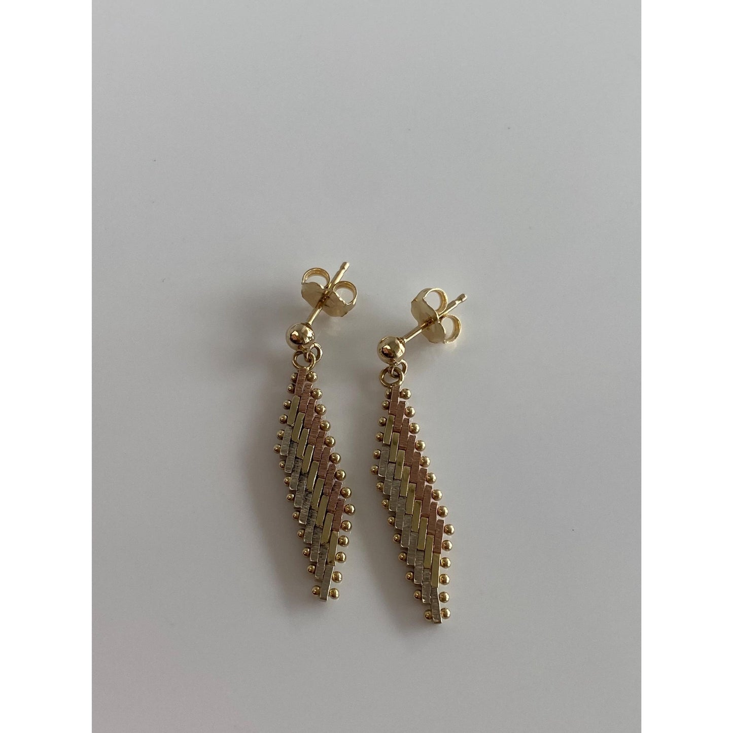 Vintage Solid 14k Tri Tone Gold Woven Chain Dangle Stud Earrings