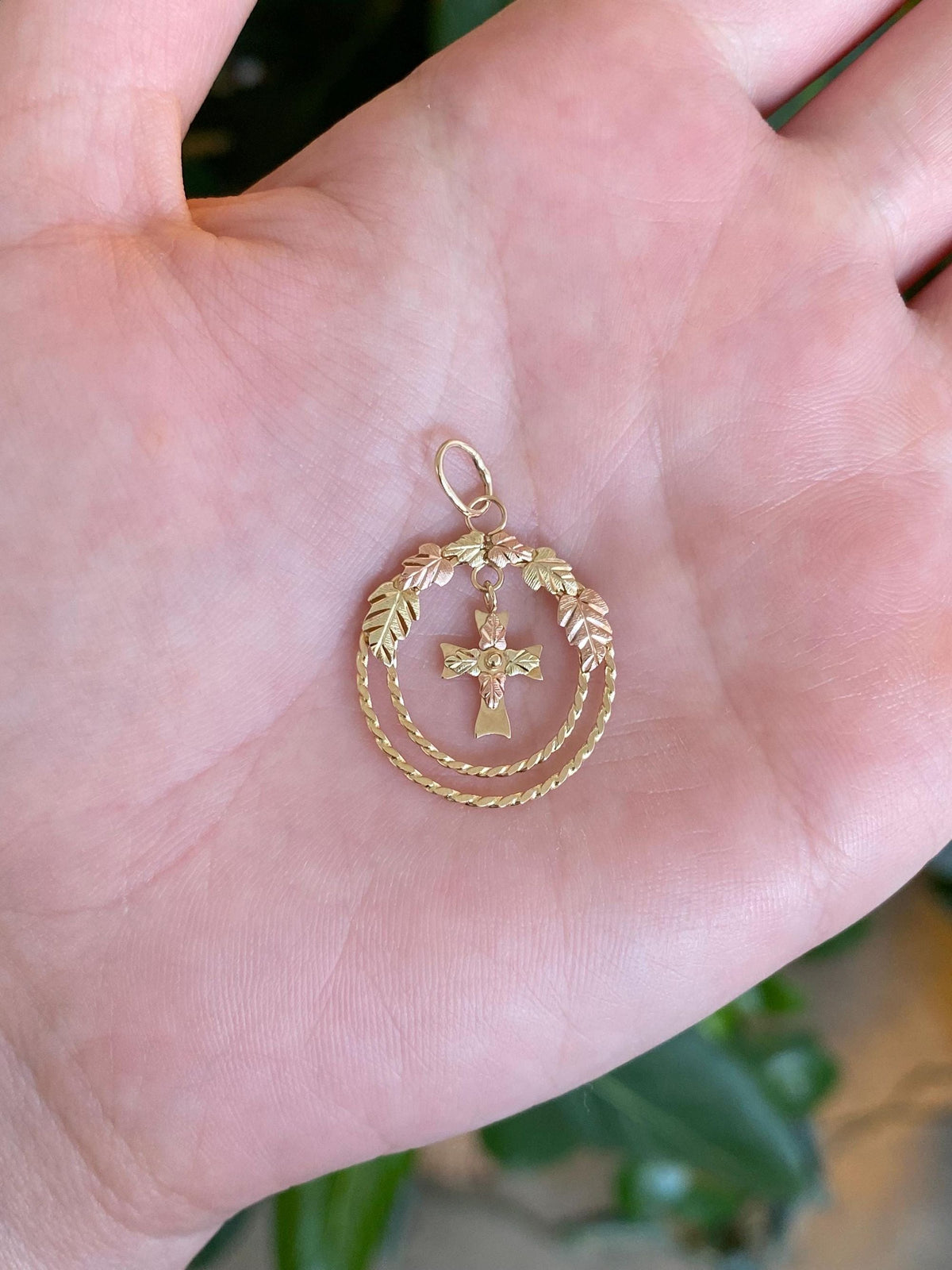 Vintage Solid 10k Black Hills Gold Leaves Cross Dangle Charm