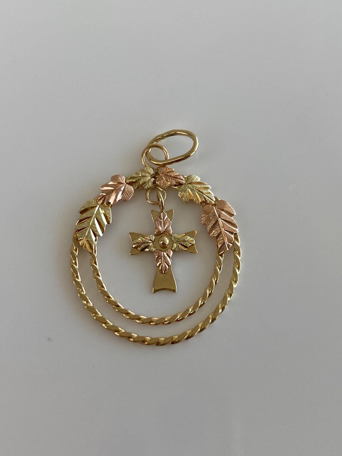 Vintage Solid 10k Black Hills Gold Leaves Cross Dangle Charm