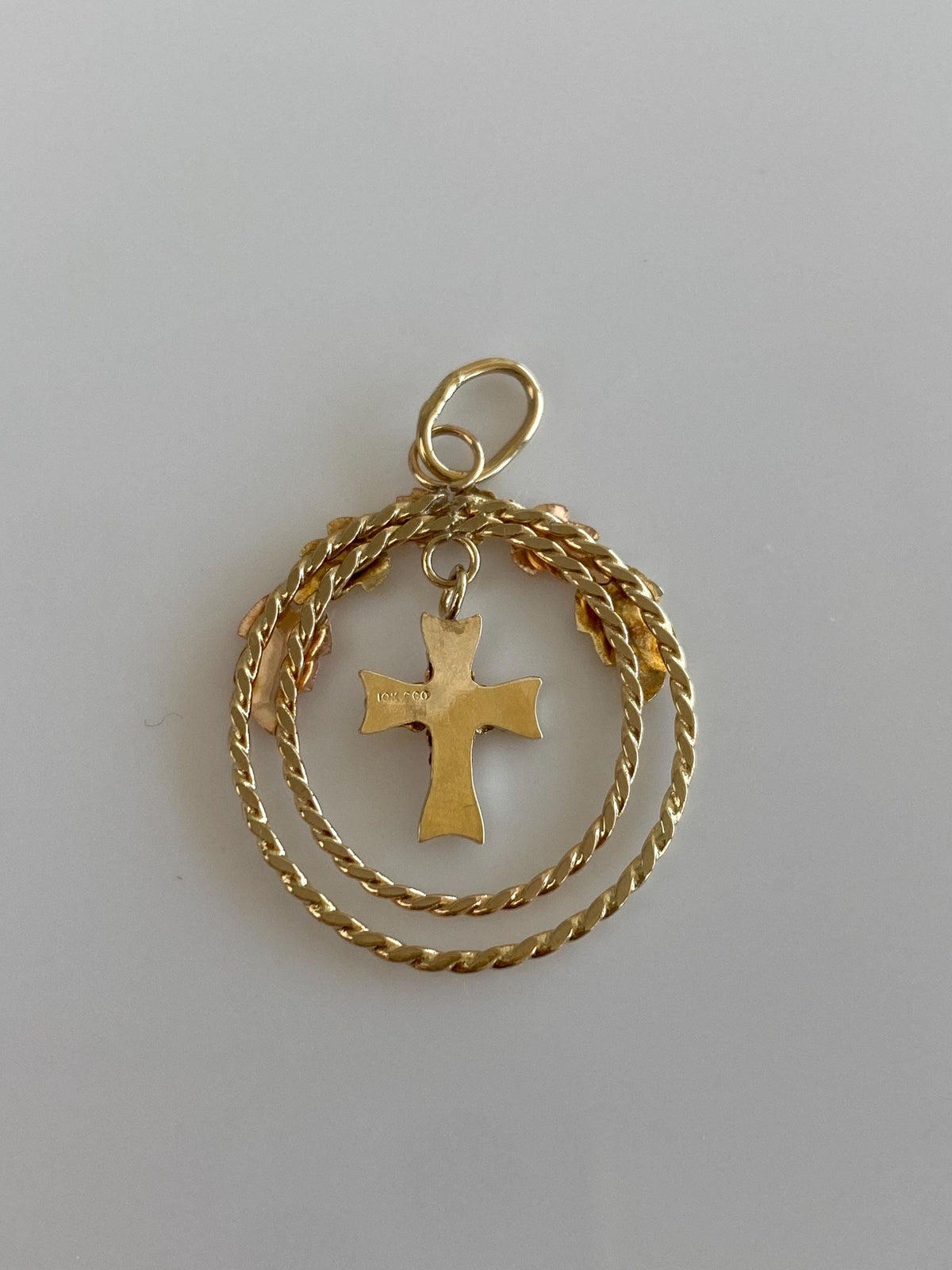 Vintage Solid 10k Black Hills Gold Leaves Cross Dangle Charm