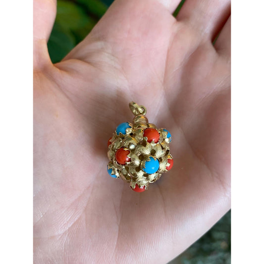 Vintage Solid 14k Yellow Gold Coral Turquoise Open Work Ball Charm