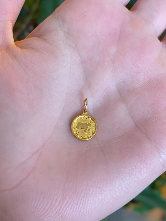 Vintage Solid 24k Yellow Gold Chinese Cow Coin Charm