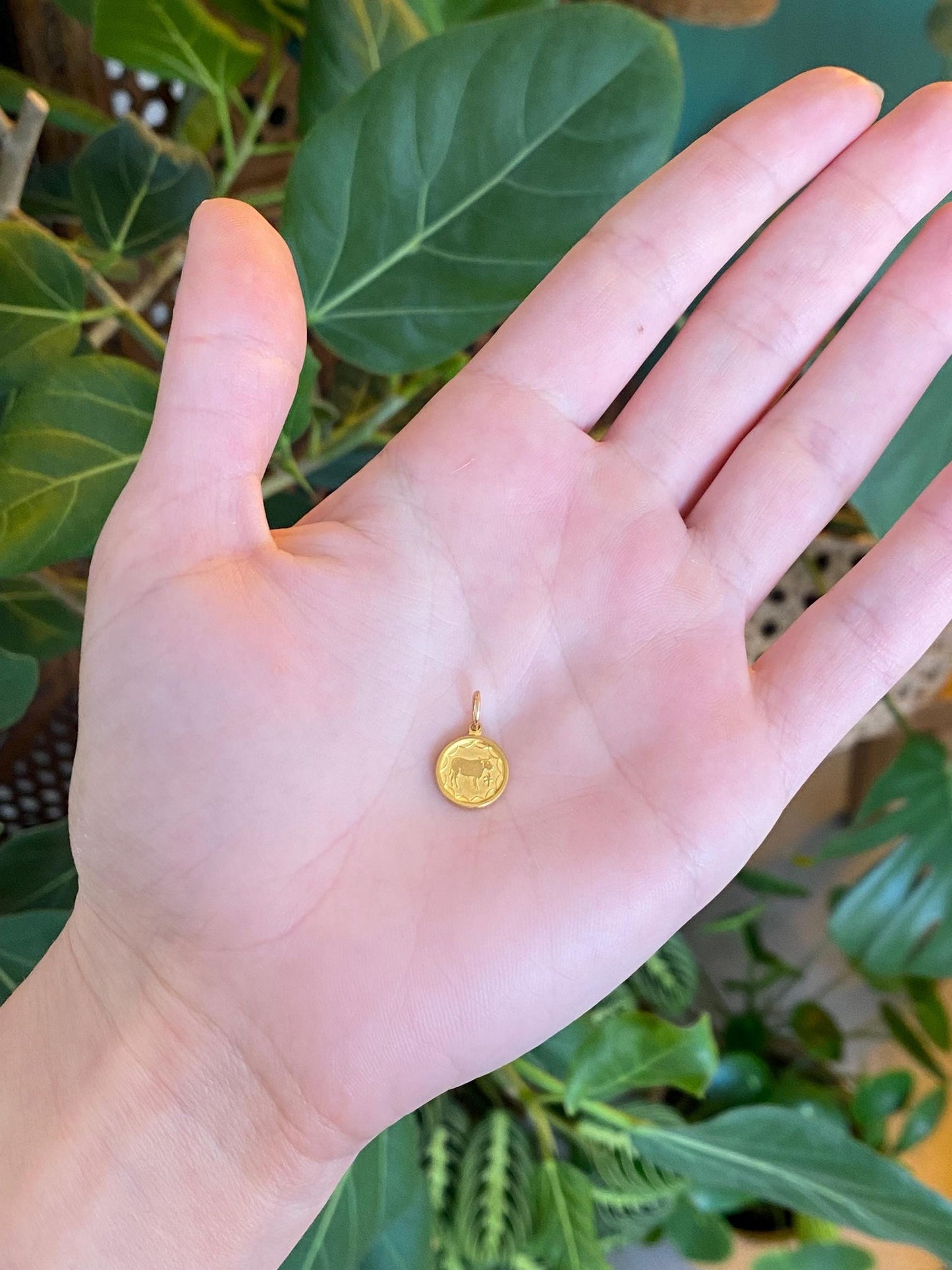 Vintage Solid 24k Yellow Gold Chinese Cow Coin Charm