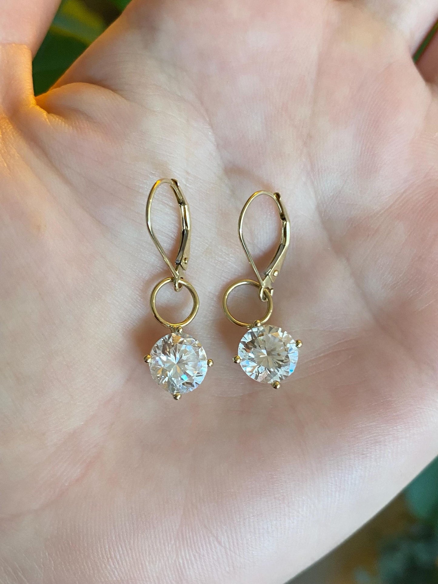 Vintage Solid 14k Yellow Gold Clear Cubic Zirconia Dangle Earrings