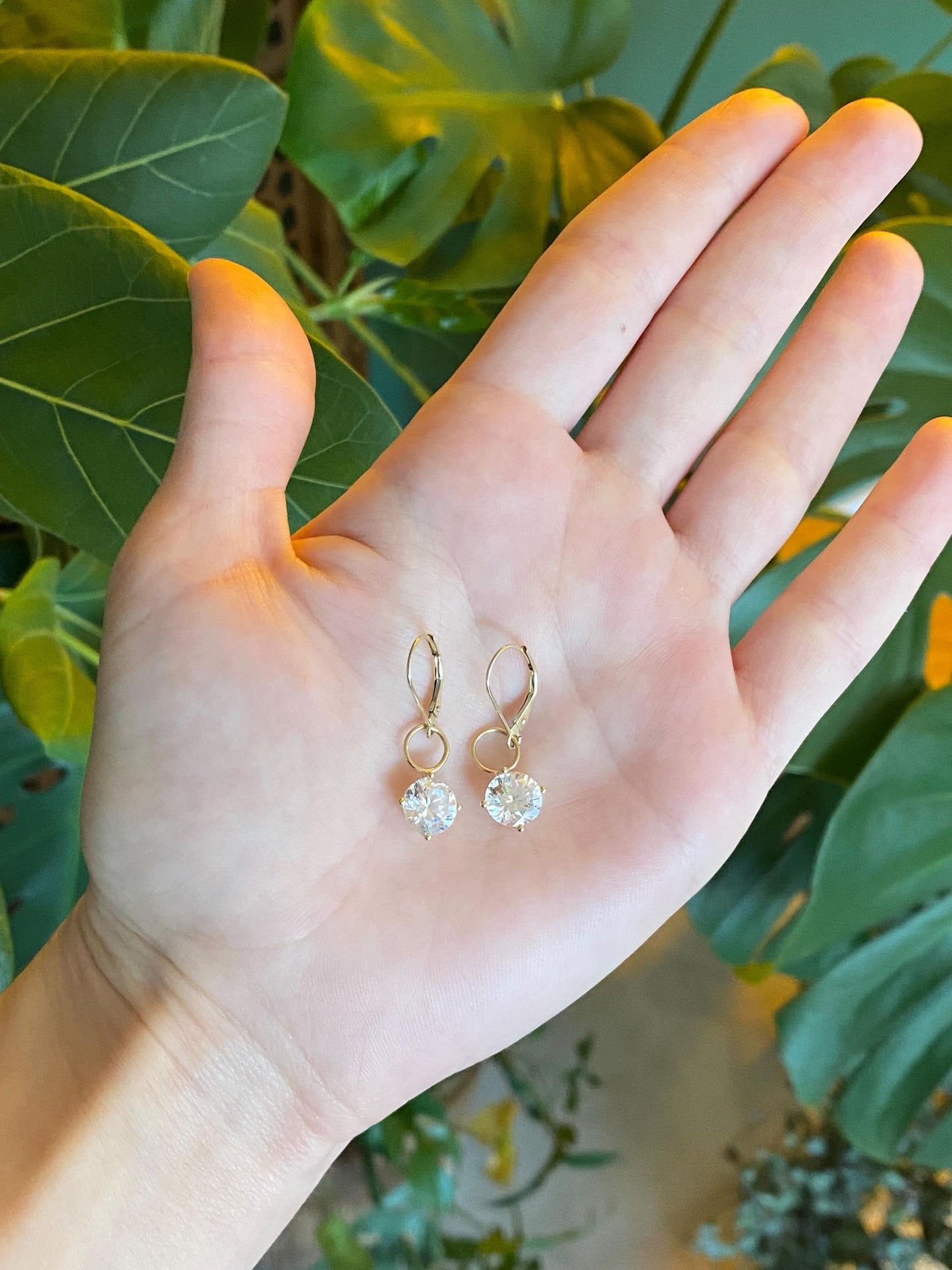 Vintage Solid 14k Yellow Gold Clear Cubic Zirconia Dangle Earrings