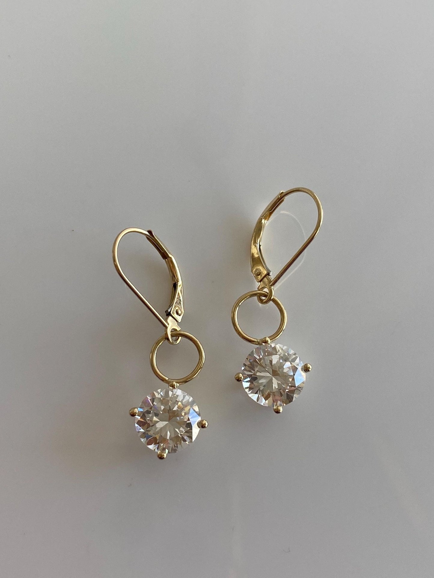Vintage Solid 14k Yellow Gold Clear Cubic Zirconia Dangle Earrings
