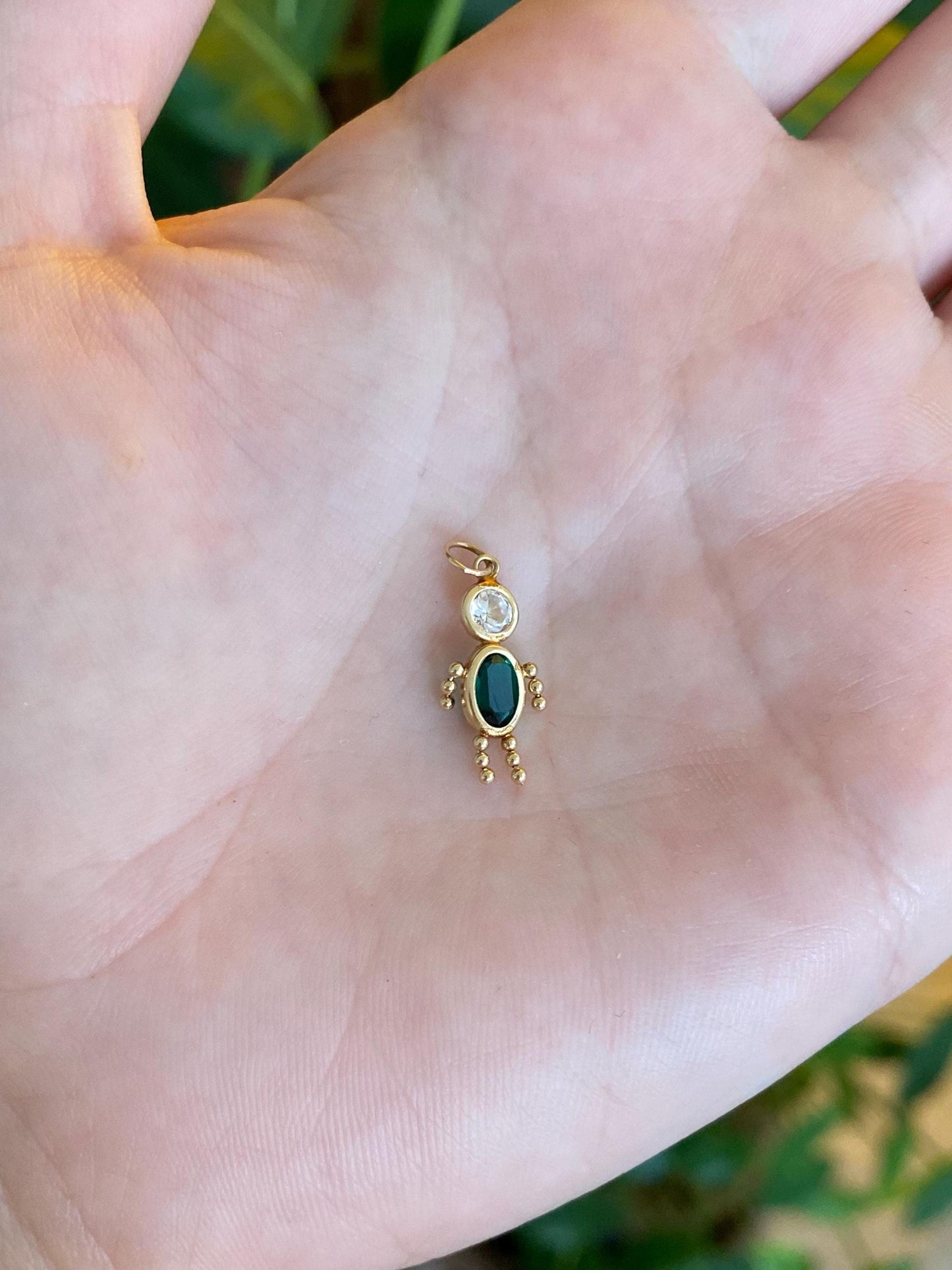 Vintage 14k Yellow Gold Dark Green & Clear Cubic Zirconia Little Boy Charm