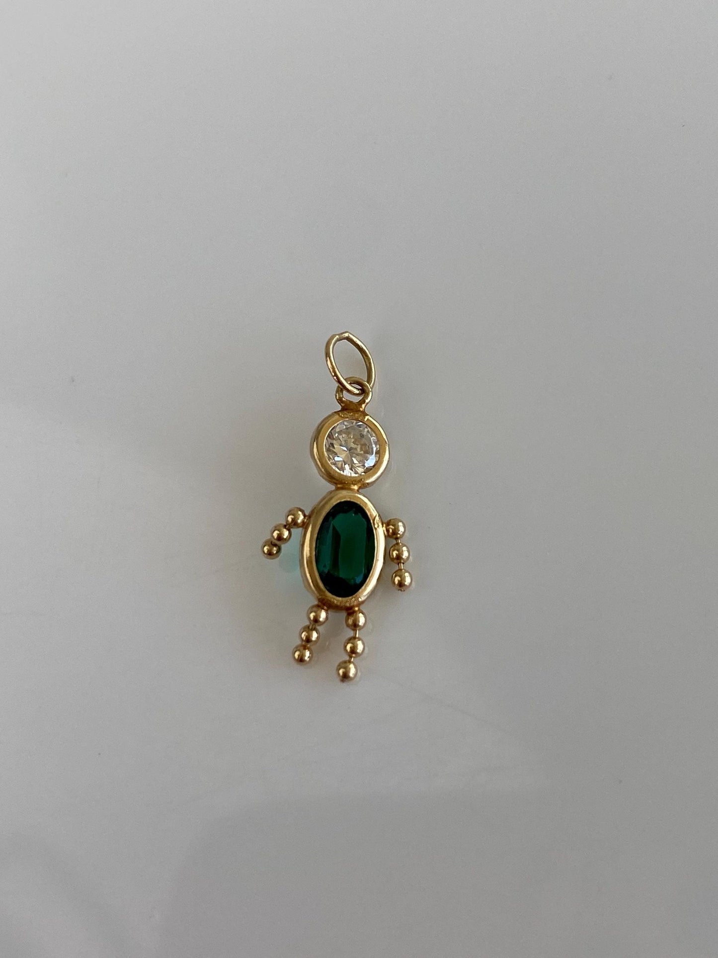 Vintage 14k Yellow Gold Dark Green & Clear Cubic Zirconia Little Boy Charm