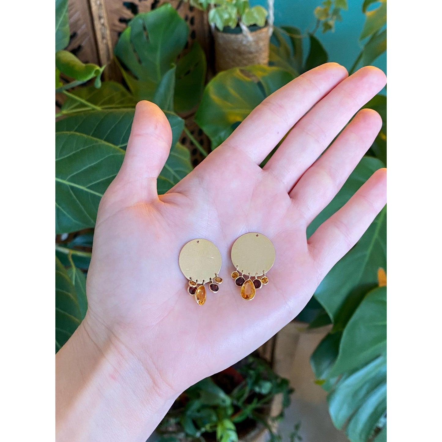 Vintage Solid 14k Yellow Gold Garnet Citrine Dangle Earring Jackets