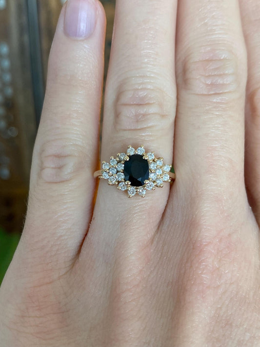Vintage Solid 14k Yellow Gold Diamond Black Sapphire Ring - Size 4.75
