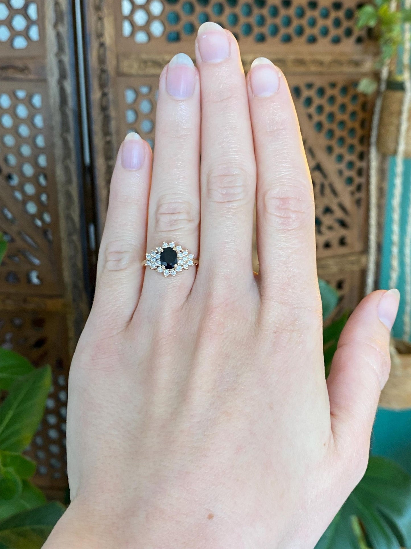 Vintage Solid 14k Yellow Gold Diamond Black Sapphire Ring - Size 4.75