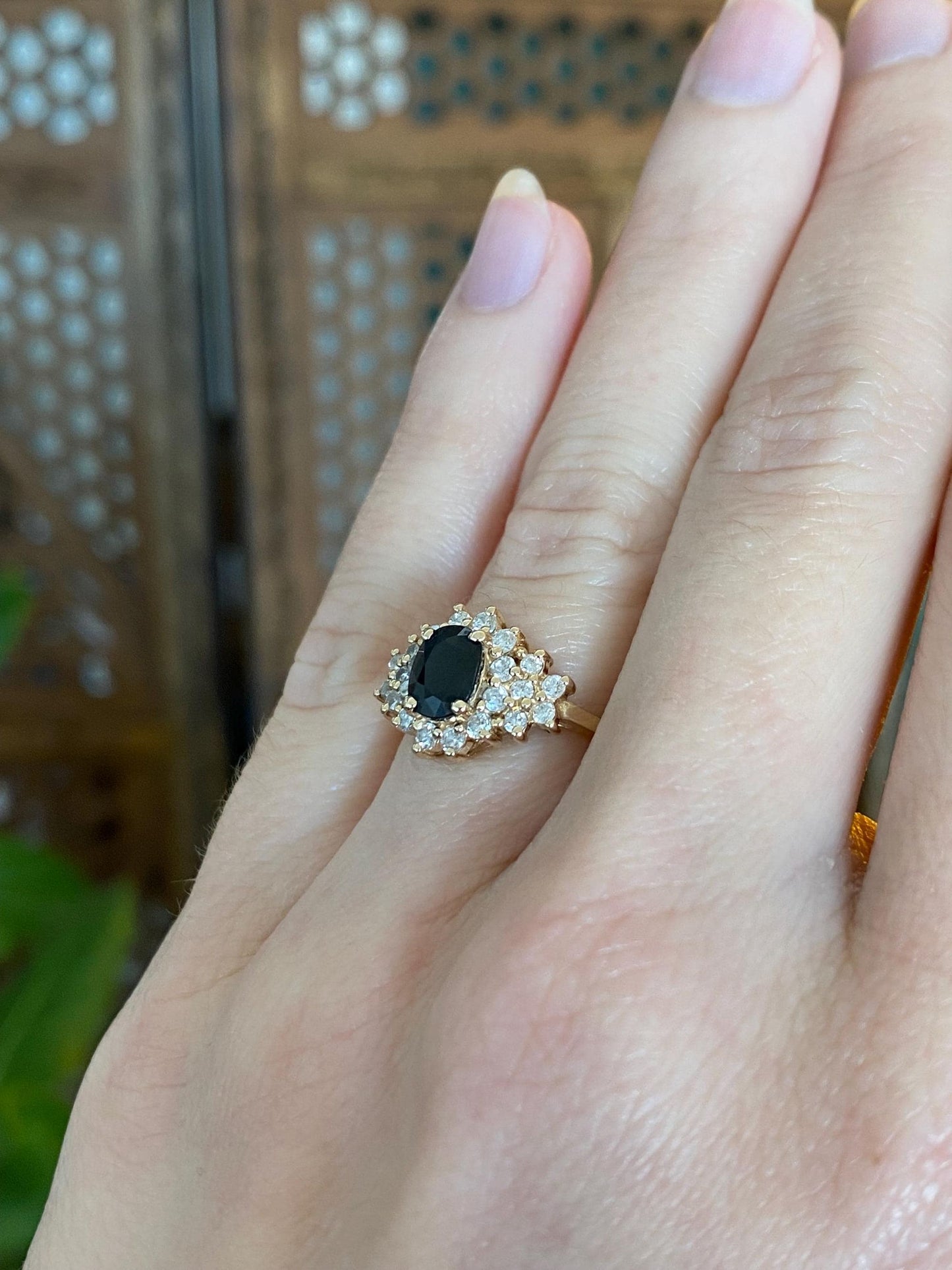 Vintage Solid 14k Yellow Gold Diamond Black Sapphire Ring - Size 4.75