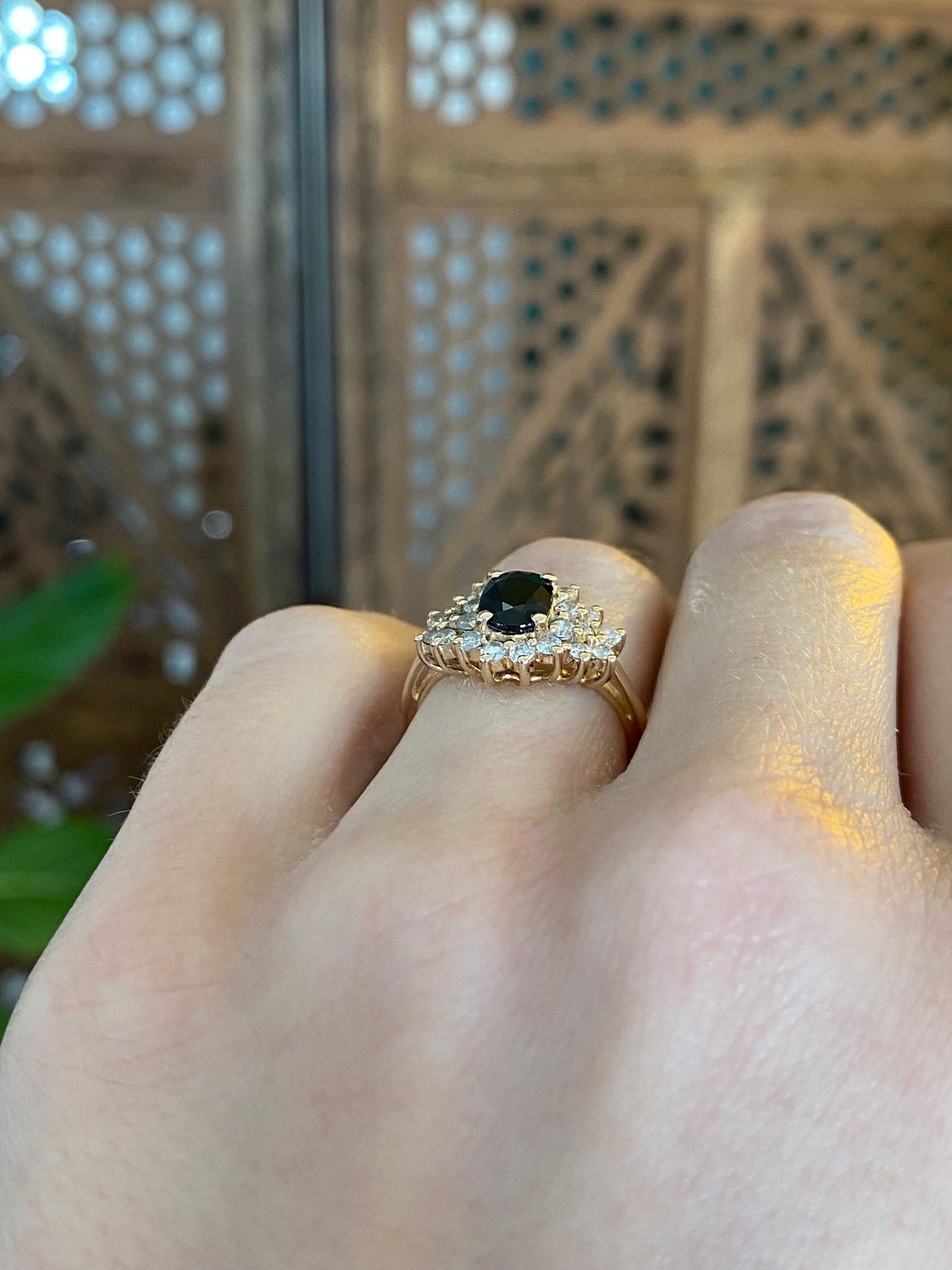 Vintage Solid 14k Yellow Gold Diamond Black Sapphire Ring - Size 4.75