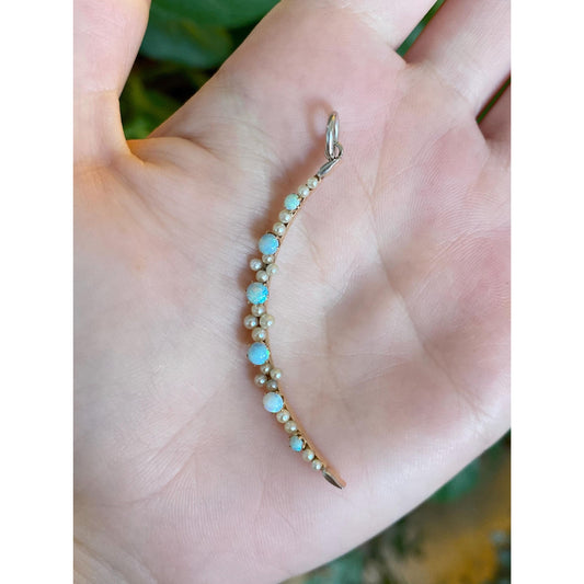 Vintage Solid 14k White & Yellow Gold Opal Seed Pearls Moon Charm