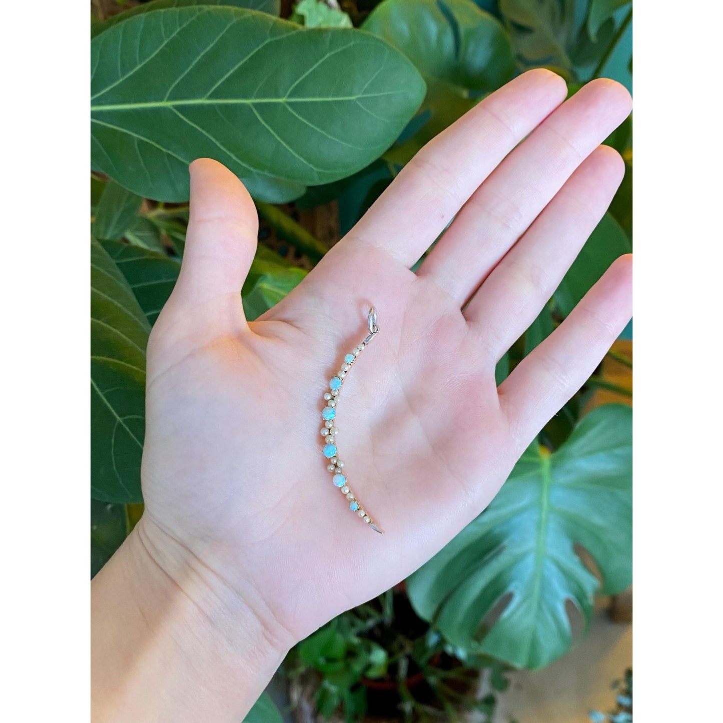 Vintage Solid 14k White & Yellow Gold Opal Seed Pearls Moon Charm