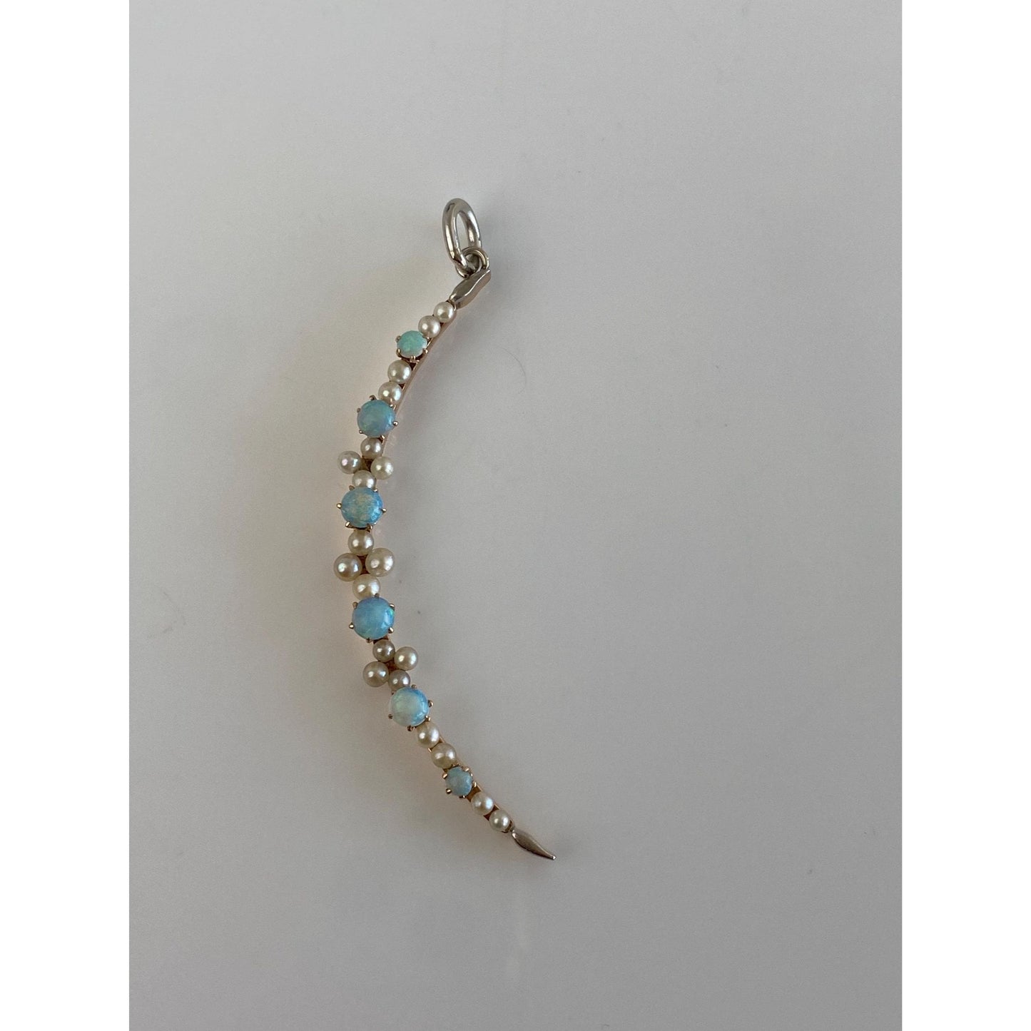 Vintage Solid 14k White & Yellow Gold Opal Seed Pearls Moon Charm