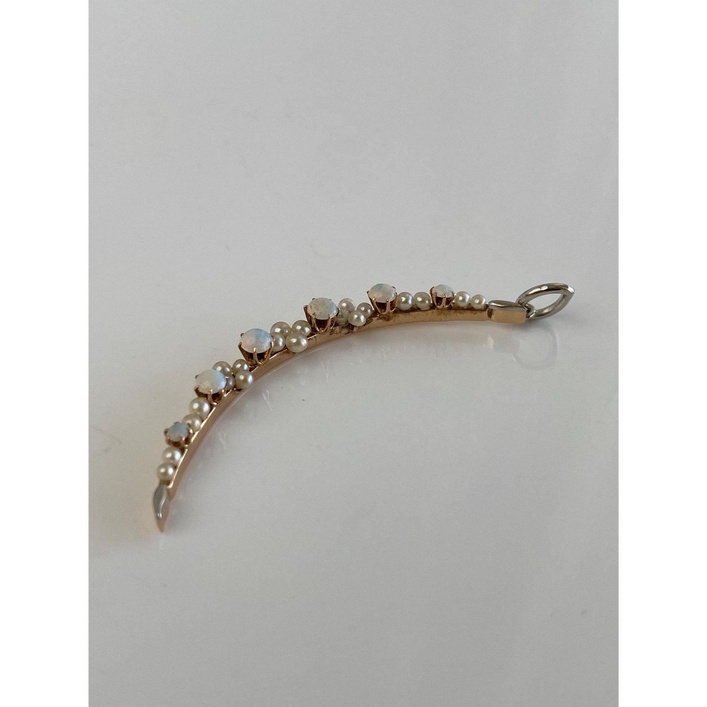 Vintage Solid 14k White & Yellow Gold Opal Seed Pearls Moon Charm