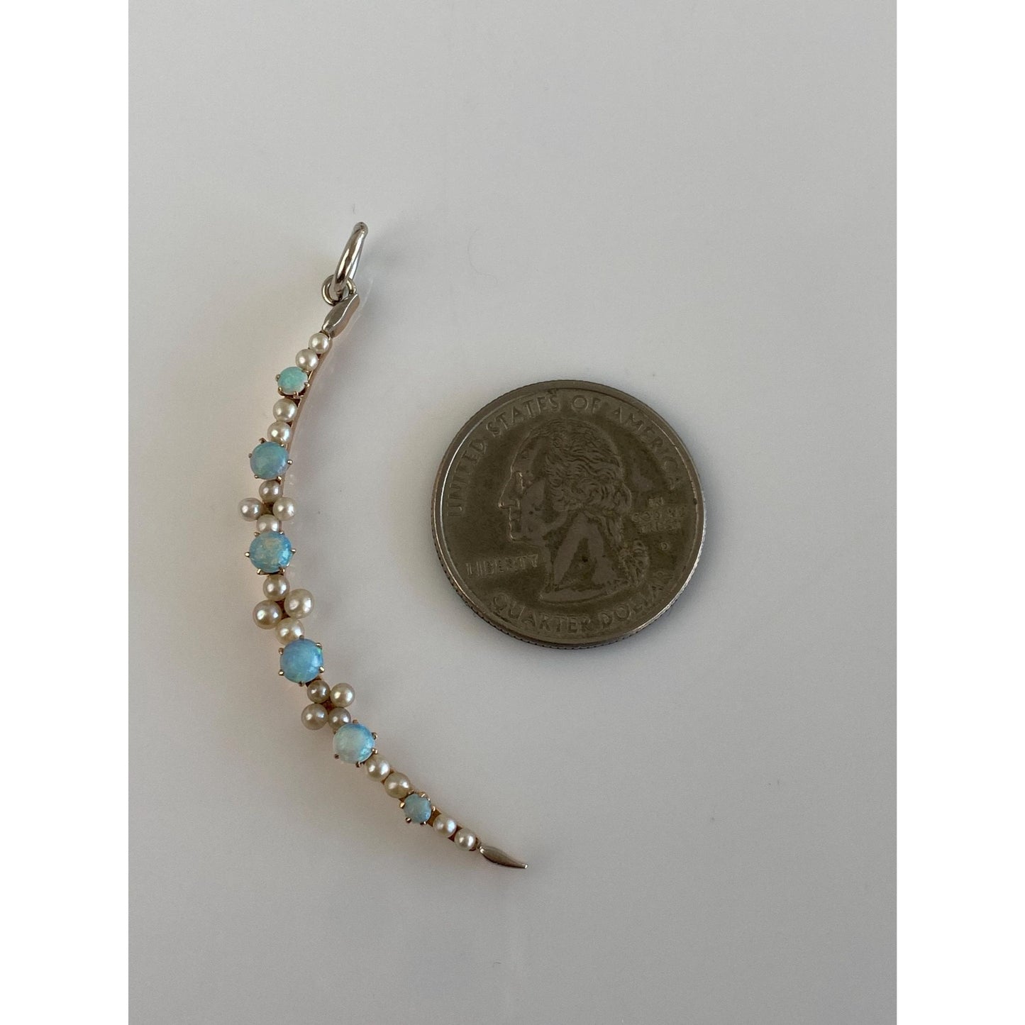 Vintage Solid 14k White & Yellow Gold Opal Seed Pearls Moon Charm