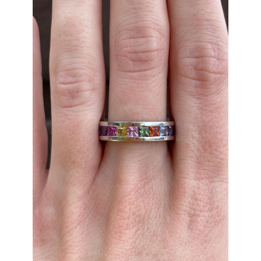 Vintage Solid 18k White Gold Diamond Colored Gemstone Ring Band - Size 7.5