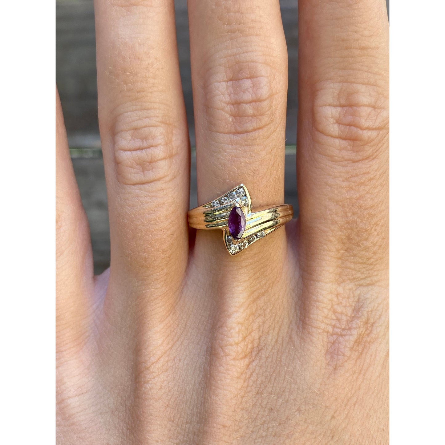 Vintage Solid 14k Yellow Gold Marquise Amethyst & Diamond Ring - Size 7.75