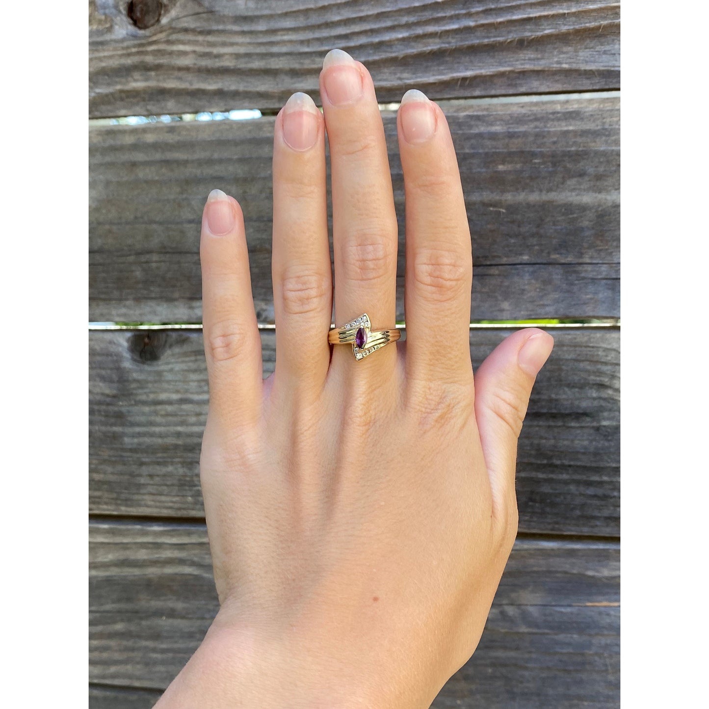 Vintage Solid 14k Yellow Gold Marquise Amethyst & Diamond Ring - Size 7.75