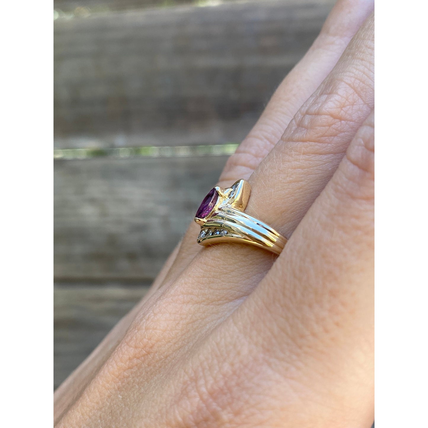 Vintage Solid 14k Yellow Gold Marquise Amethyst & Diamond Ring - Size 7.75