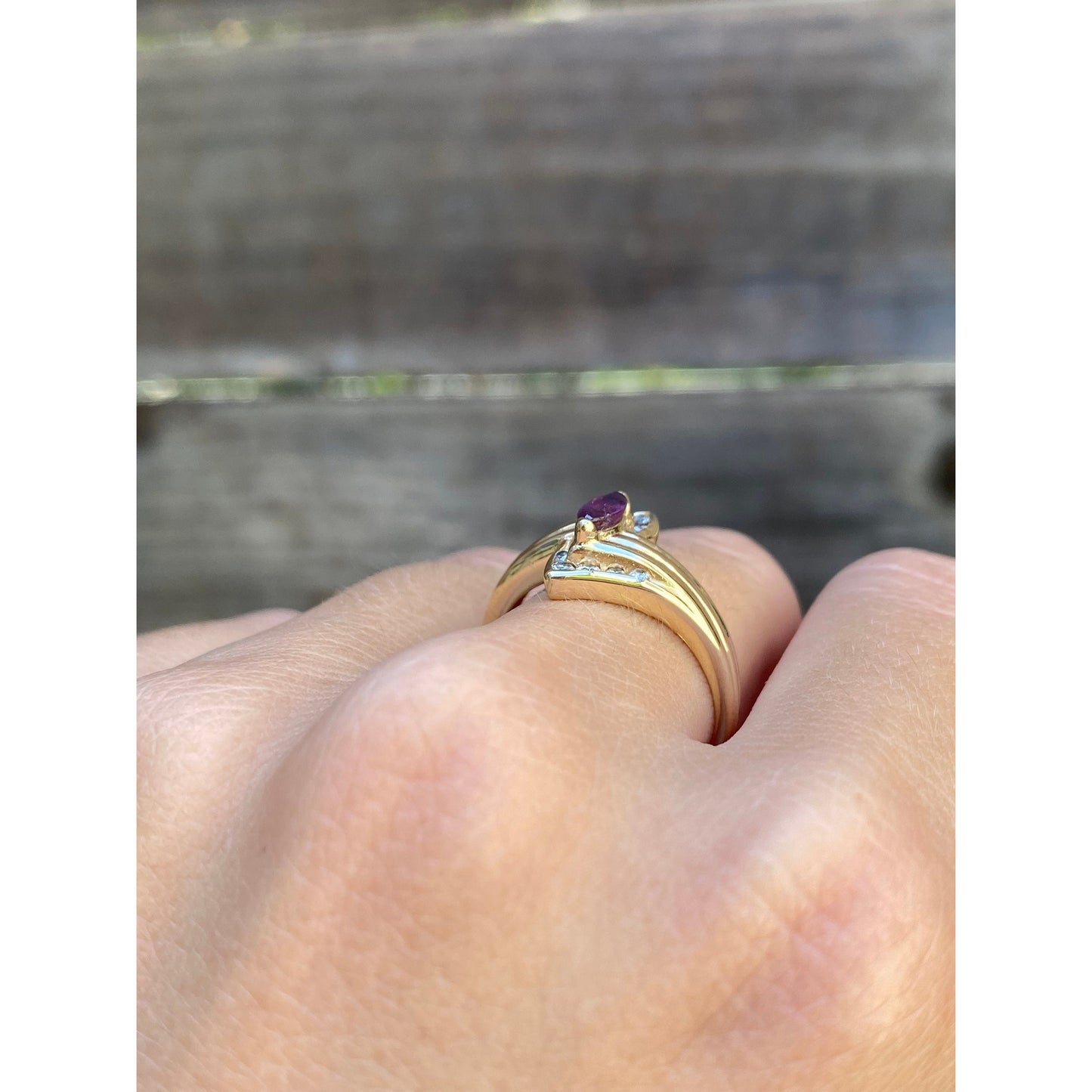 Vintage Solid 14k Yellow Gold Marquise Amethyst & Diamond Ring - Size 7.75