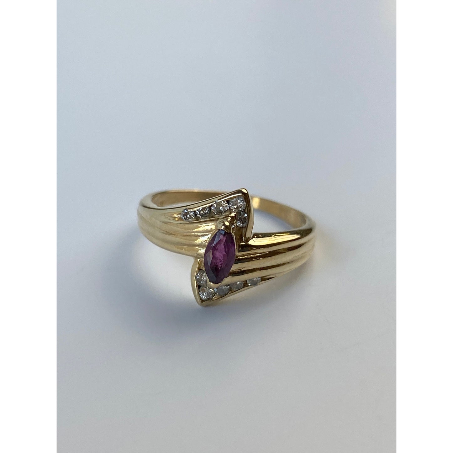 Vintage Solid 14k Yellow Gold Marquise Amethyst & Diamond Ring - Size 7.75