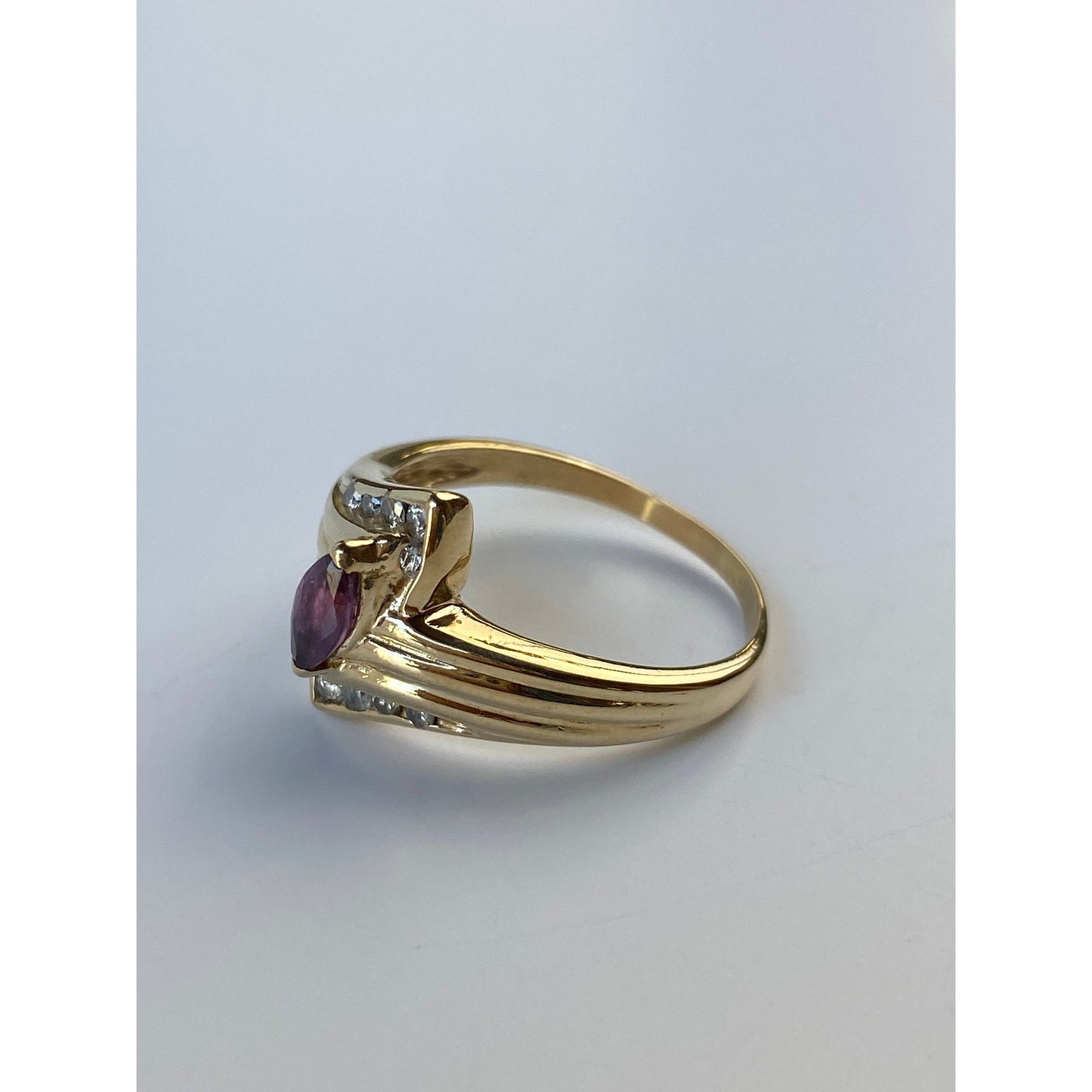 Vintage Solid 14k Yellow Gold Marquise Amethyst & Diamond Ring - Size 7.75