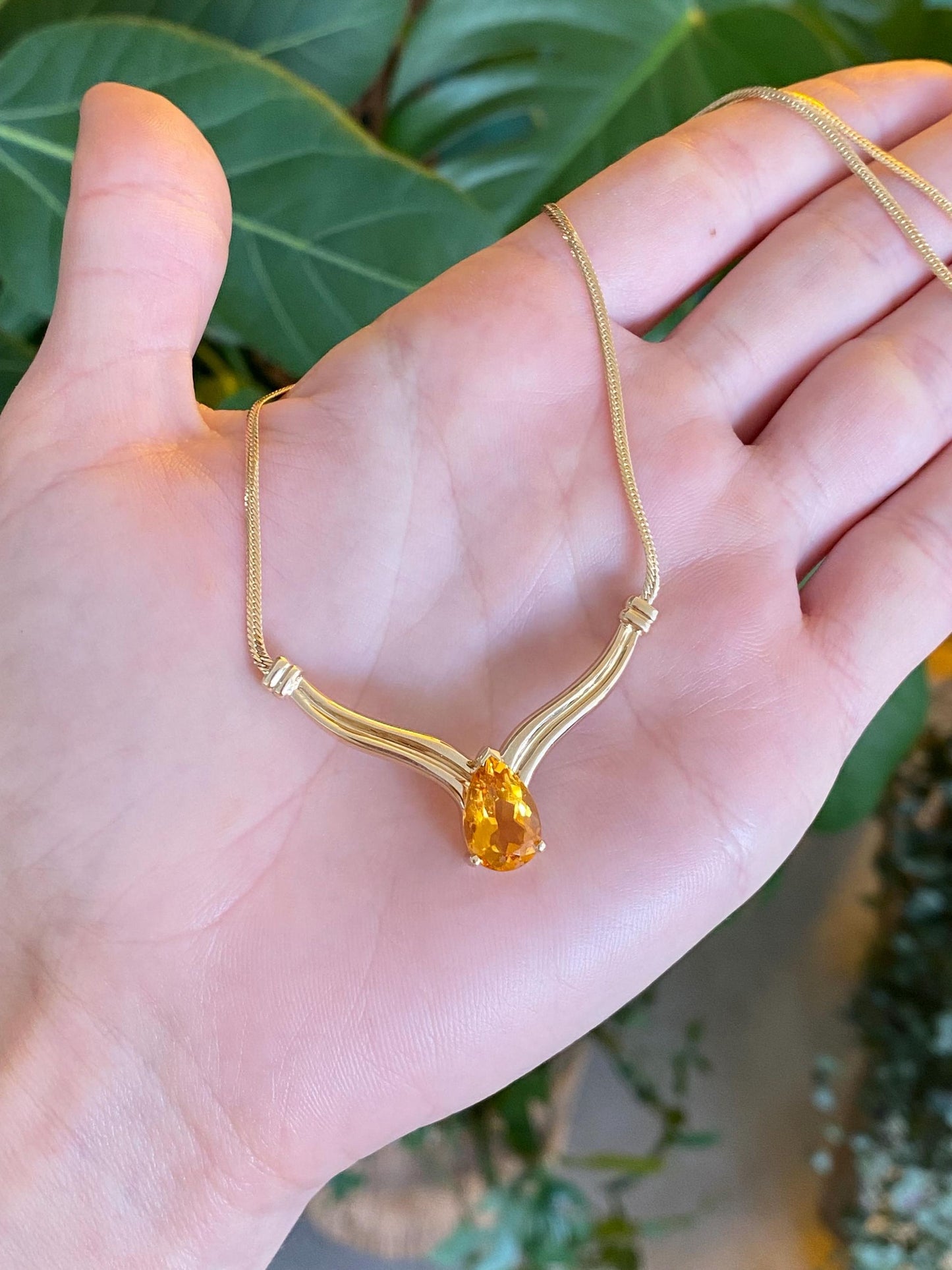 Vintage Solid 14k Yellow Gold Citrine Flat Chain Necklace - 16 inches
