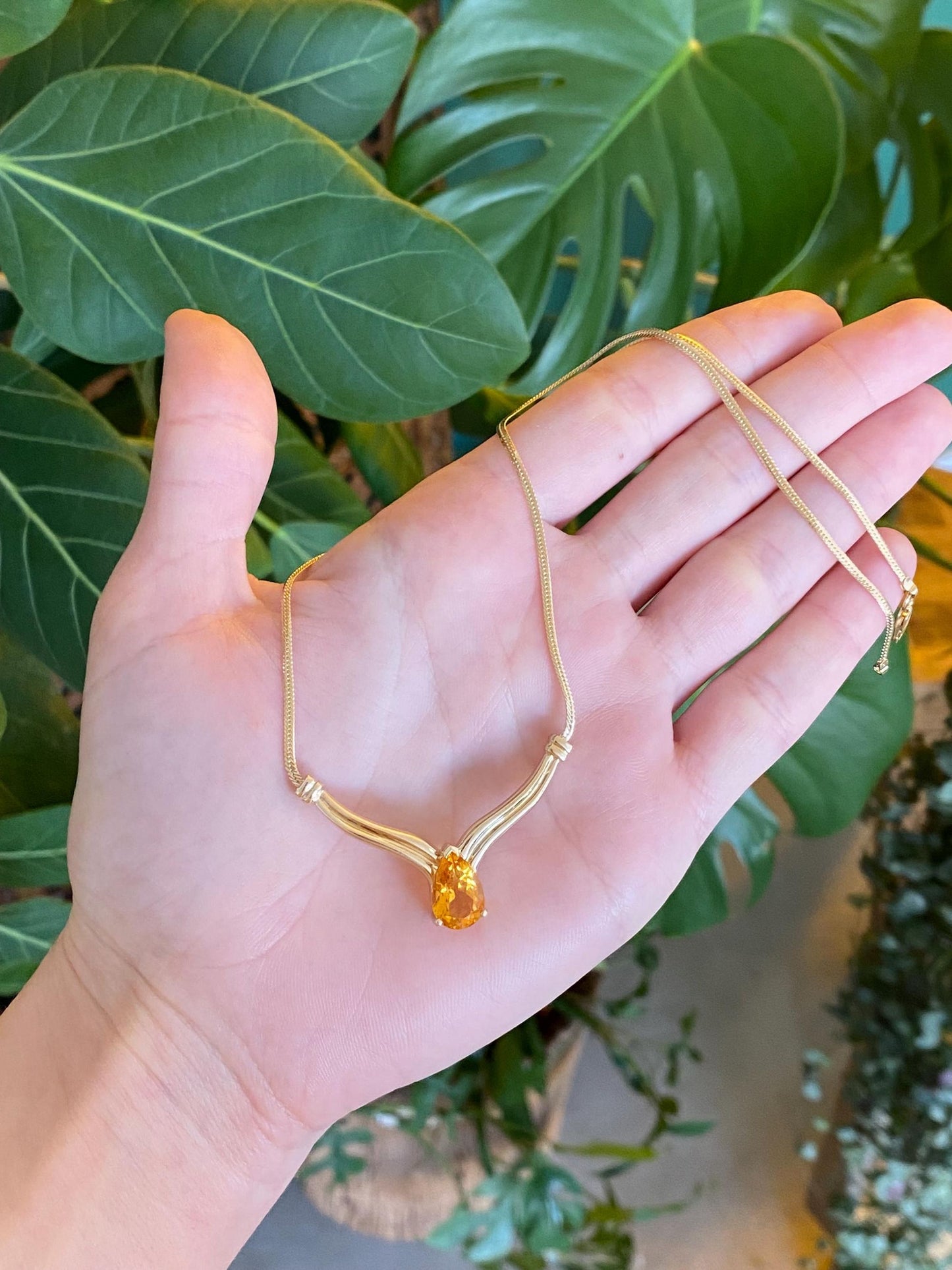 Vintage Solid 14k Yellow Gold Citrine Flat Chain Necklace - 16 inches