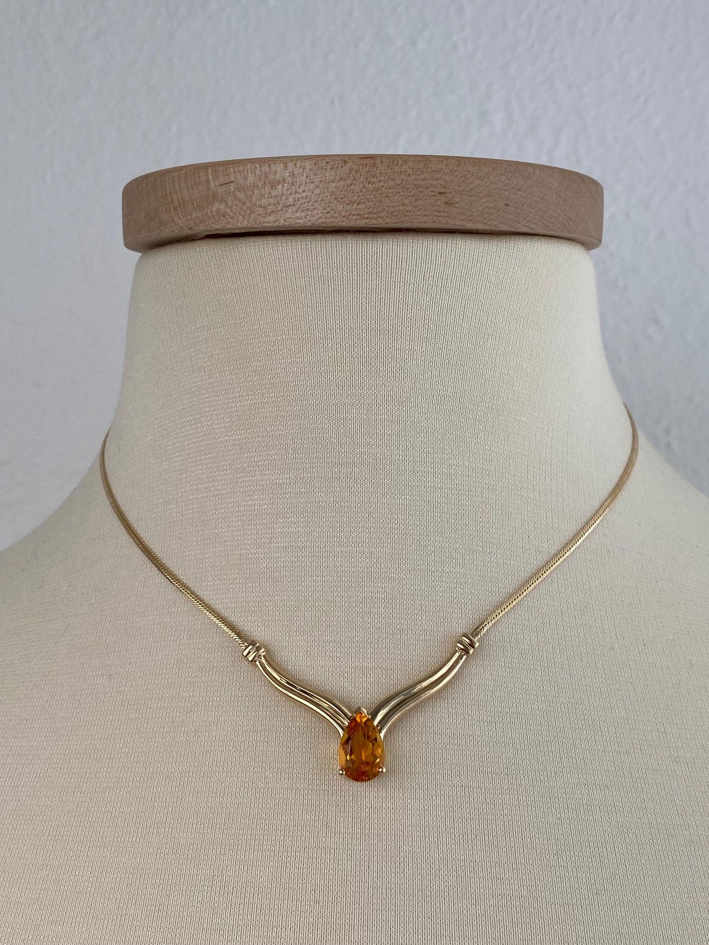 Vintage Solid 14k Yellow Gold Citrine Flat Chain Necklace - 16 inches