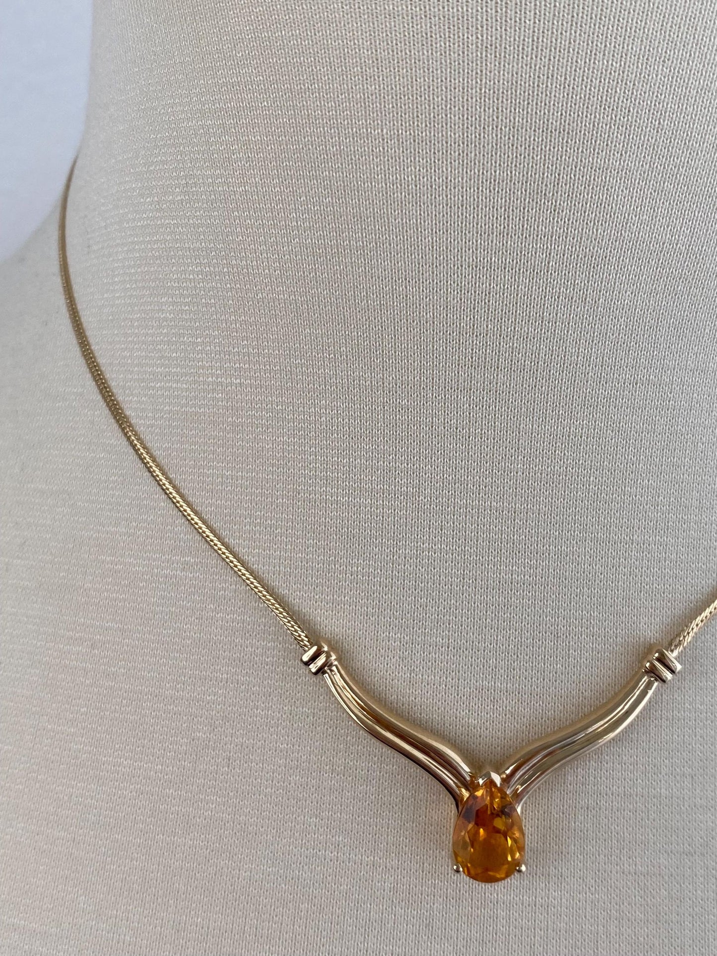 Vintage Solid 14k Yellow Gold Citrine Flat Chain Necklace - 16 inches
