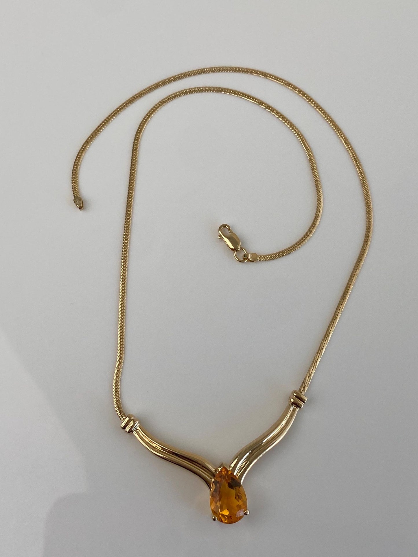 Vintage Solid 14k Yellow Gold Citrine Flat Chain Necklace - 16 inches