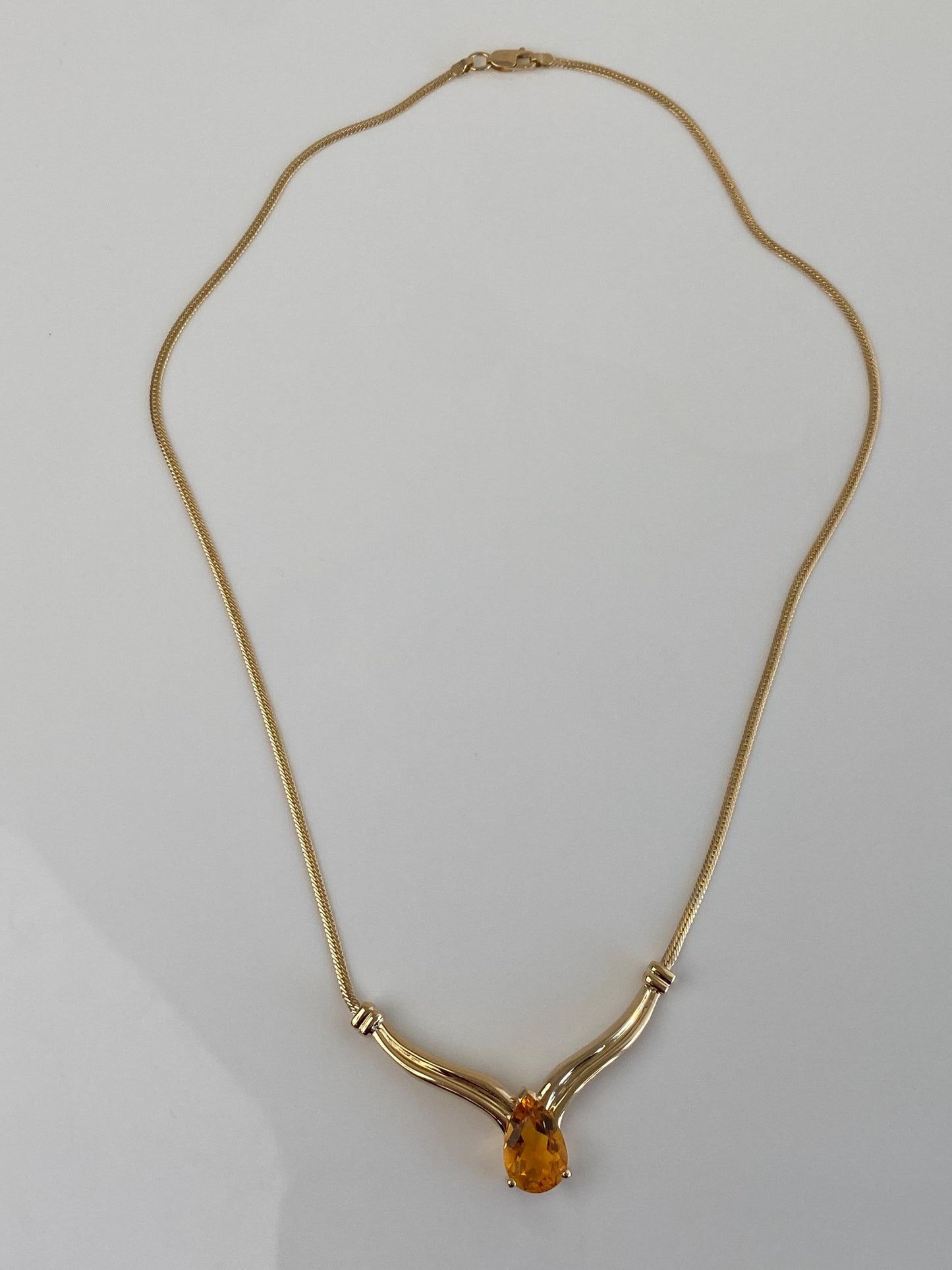 Vintage Solid 14k Yellow Gold Citrine Flat Chain Necklace - 16 inches