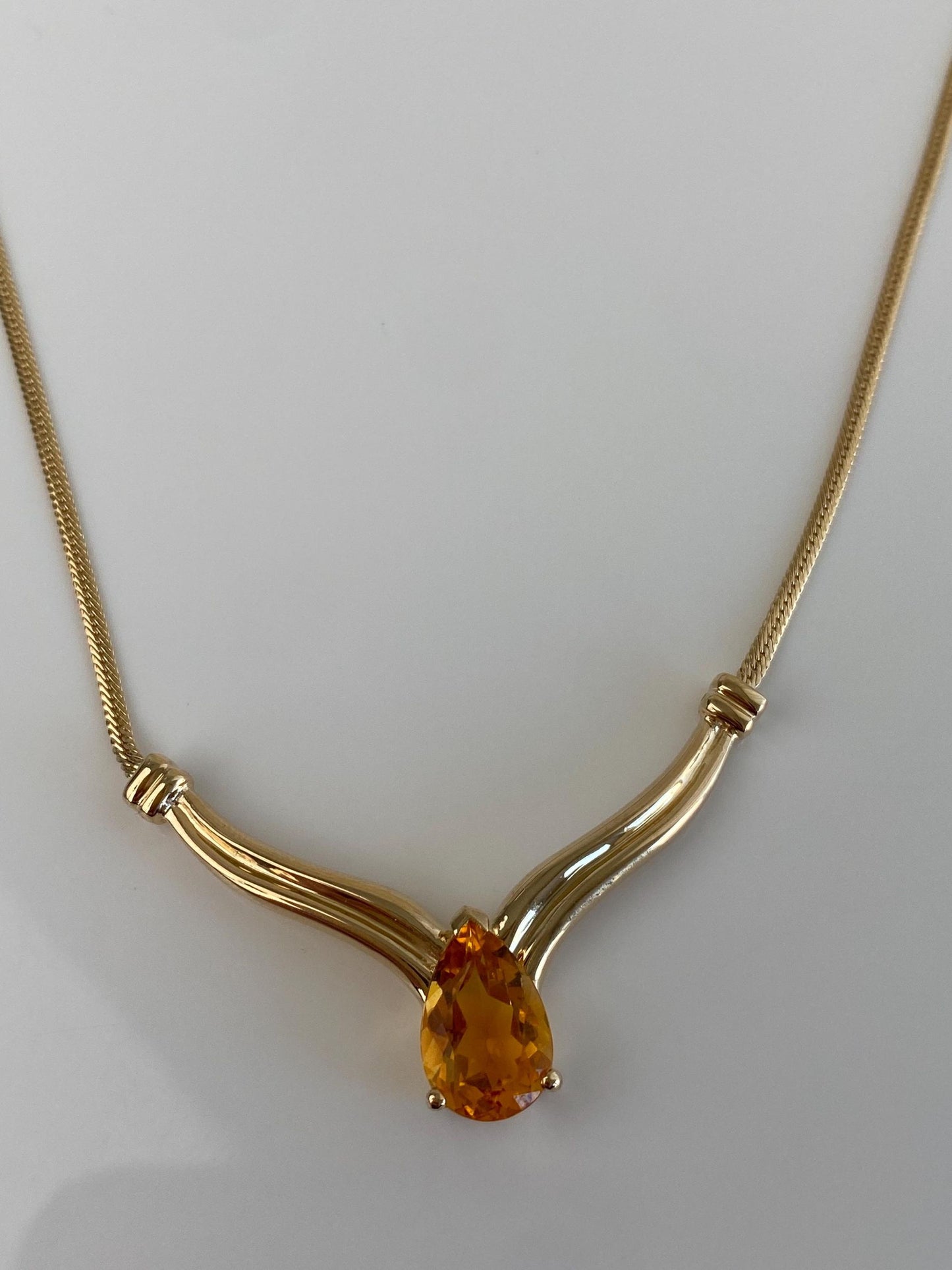Vintage Solid 14k Yellow Gold Citrine Flat Chain Necklace - 16 inches