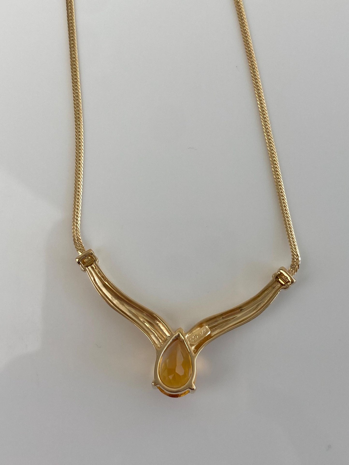 Vintage Solid 14k Yellow Gold Citrine Flat Chain Necklace - 16 inches