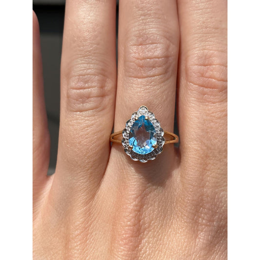 Vintage Solid 10k White & Yellow Gold Diamond Halo Topaz Ring - Size 8