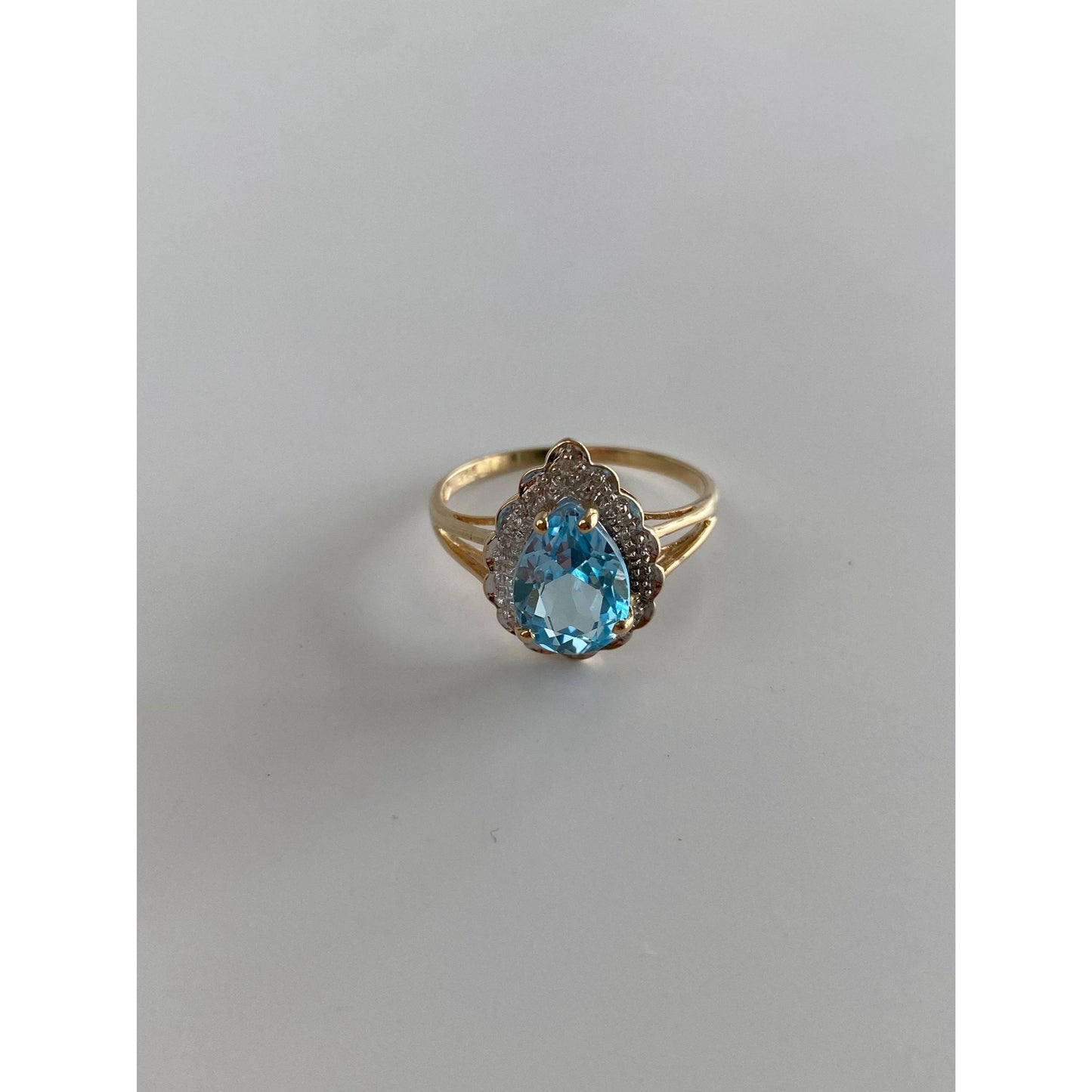 Vintage Solid 10k White & Yellow Gold Diamond Halo Topaz Ring - Size 8