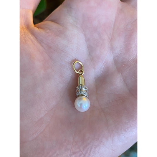 Vintage Solid 14k Yellow Gold Diamond Pearl Charm