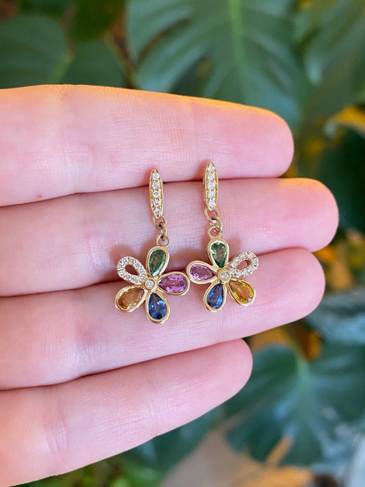 Vintage Solid 14k Yellow Gold Diamond Colored Sapphire Flower Dangle Stud Earrings