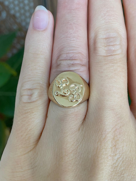 Vintage Solid 14k Yellow Gold Diamond Cut Initials 'LB' Signet Ring - Size 5