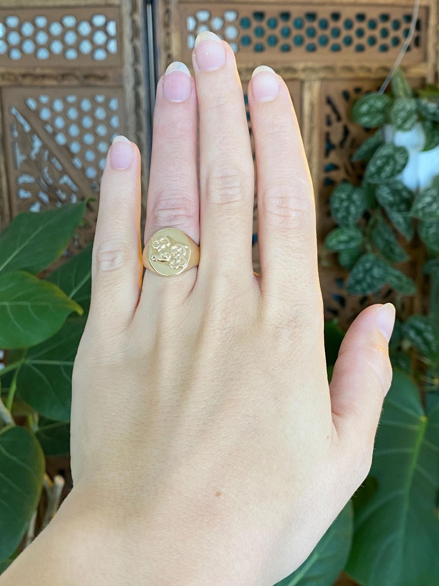 Vintage Solid 14k Yellow Gold Diamond Cut Initials 'LB' Signet Ring - Size 5
