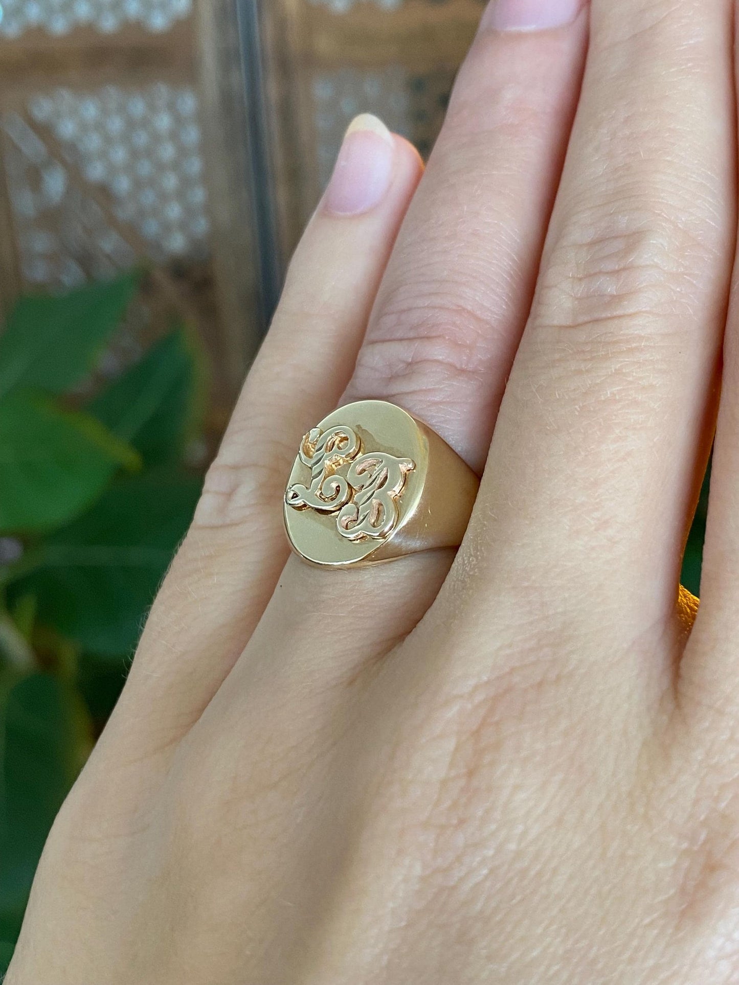 Vintage Solid 14k Yellow Gold Diamond Cut Initials 'LB' Signet Ring - Size 5